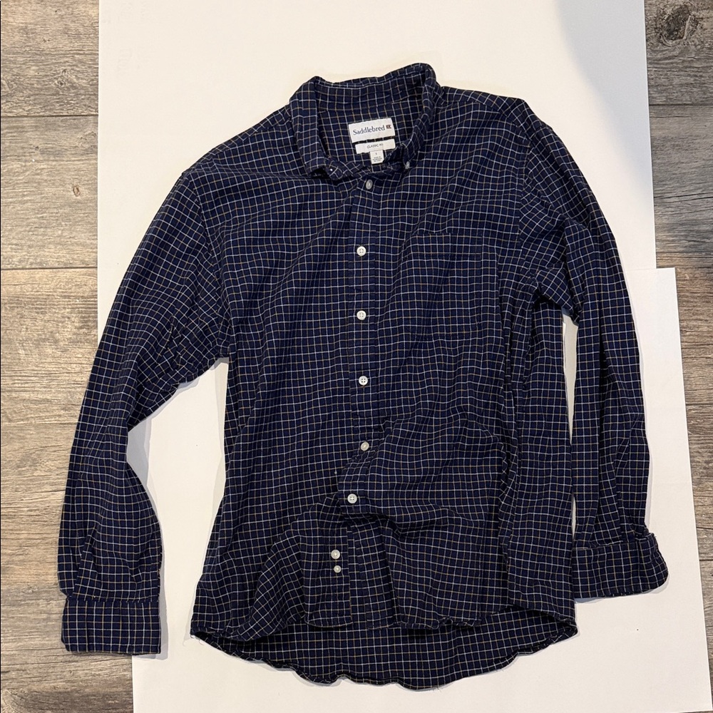 Saddlebred Men's Dark Blue and Gold Plaid Button-Down Shirt